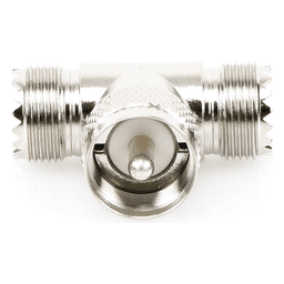 Adaptador en forma T, de Conector UHF Macho (PL-259) a Doble UHF Hembra (SO-239), Níquel/ Plata/ Delrin.