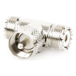 Adaptador en forma T, de Conector UHF Macho (PL-259) a Doble UHF Hembra (SO-239), Níquel/ Plata/ Delrin.