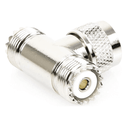 Adaptador en forma T, de Conector UHF Macho (PL-259) a Doble UHF Hembra (SO-239), Níquel/ Plata/ Delrin.