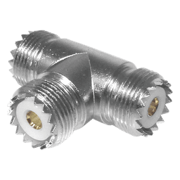 Adaptador en forma T, de Conector UHF Hembra (SO-239) a Doble Conector UHF Hembra, Níquel/ Plata/ Delrin.
