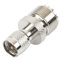 Adaptador en Línea de Conector Mini UHF Macho a UHF Hembra (SO-239), Níquel/ Oro/ Teflón.
