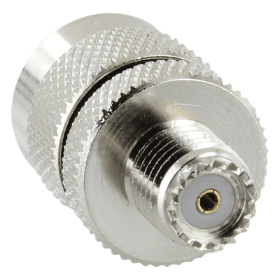 Adaptador RF / Mini UHF Hembra a UHF Macho (PL-259) / Montaje en Línea / Cuerpo Níquel / Contacto Oro / Aislante Teflón