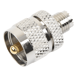Adaptador RF / Mini UHF Hembra a UHF Macho (PL-259) / Montaje en Línea / Cuerpo Níquel / Contacto Oro / Aislante Teflón
