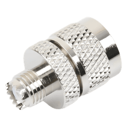 Adaptador RF / Mini UHF Hembra a UHF Macho (PL-259) / Montaje en Línea / Cuerpo Níquel / Contacto Oro / Aislante Teflón