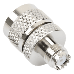 Adaptador RF / Mini UHF Hembra a UHF Macho (PL-259) / Montaje en Línea / Cuerpo Níquel / Contacto Oro / Aislante Teflón