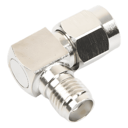 Adaptador RF Coaxial / Ángulo Recto / SMA Macho a SMA Hembra / Cuerpo Bronce Niquelado / Contacto Oro / Aislante Teflón
