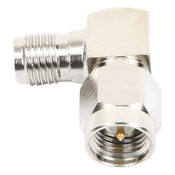 Adaptador RF Coaxial / Ángulo Recto / SMA Macho a SMA Hembra / Cuerpo Bronce Niquelado / Contacto Oro / Aislante Teflón