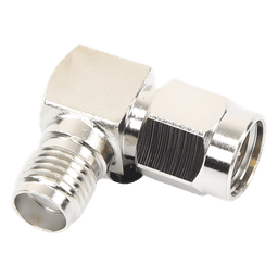 Adaptador RF Coaxial / Ángulo Recto / SMA Macho a SMA Hembra / Cuerpo Bronce Niquelado / Contacto Oro / Aislante Teflón