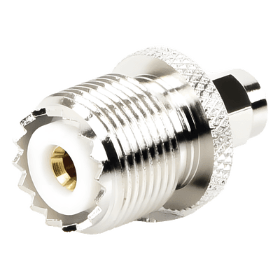 Adaptador Coaxial en Línea / SMA Macho a UHF Hembra (SO-239) / Cuerpo Bronce Niquelado / Contacto Oro / Aislante Teflón