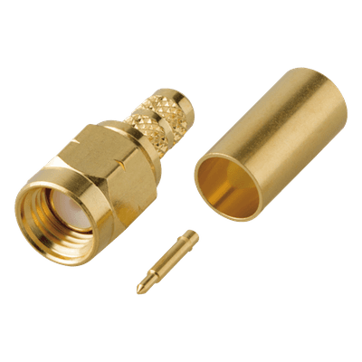 Conector SMA Macho de Rosca Izquierda, Anillo Plegable para Cable RG-58/U, Oro/ Oro/ Teflón. 