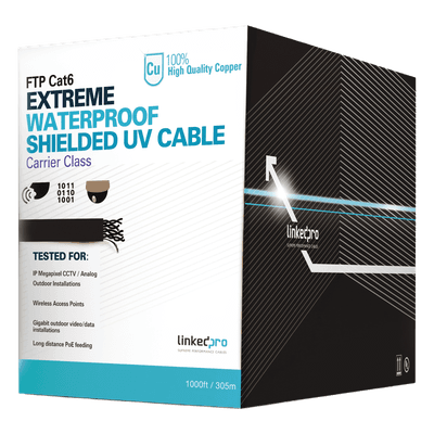 Bobina de Cable de 305 Metros (1000 Pies) Cat6+ Calibre 23 Exterior Blindado Tipo FTP para Climas Extremos, UL, Color Negro
