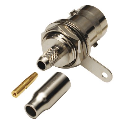 Conector BNC Hembra a 50 Ohm, Montaje Frontal en D-Plano, Anillo Plegable para Cables RG-174/U y RG-316/U, Niquel/ Oro/ Teflón.
