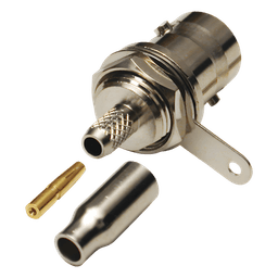 Conector BNC Hembra a 50 Ohm, Montaje Frontal en D-Plano, Anillo Plegable para Cables RG-174/U y RG-316/U, Niquel/ Oro/ Teflón.