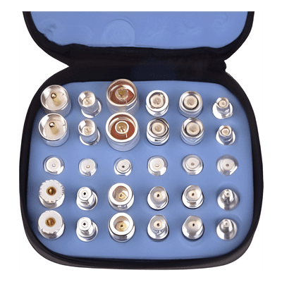 Kit Universal de Adaptadores UNIDAPT de 30 piezas en Bronze Blanco con estuche, esponja y ziper.