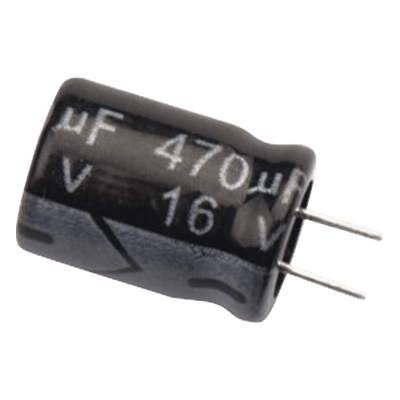 Capacitor Electrolítico de Aluminio / 470 μF / 16 Vcc / 105 °C / Radial 8.0 x 11 mm / Corriente de Rizado 305 mA RMS
