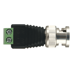 Adaptador de conector BNC macho a 2 terminales-tornillo para cables AWG-26-14, en aplicaciones Video Vigilancia, Níquel/ Oro/  PTFE y PVC.