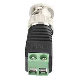 Adaptador de conector BNC macho a 2 terminales-tornillo para cables AWG-26-14, en aplicaciones Video Vigilancia, Níquel/ Oro/  PTFE y PVC.