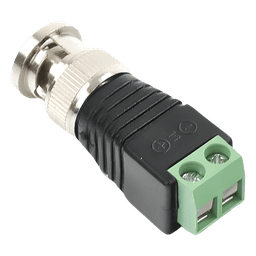 Adaptador de conector BNC macho a 2 terminales-tornillo para cables AWG-26-14, en aplicaciones Video Vigilancia, Níquel/ Oro/  PTFE y PVC.