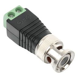 Adaptador de conector BNC macho a 2 terminales-tornillo para cables AWG-26-14, en aplicaciones Video Vigilancia, Níquel/ Oro/  PTFE y PVC.