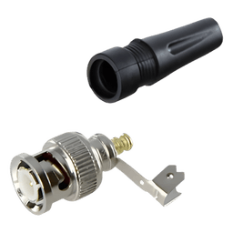 Conector BNC macho en 75 Ohm, para cable coaxial RG-59 / Con base de alivio negra de PVC, Níquel/ Oro/ PTFE.