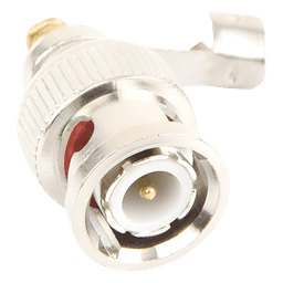 Conector BNC macho en 75 Ohm, para cable coaxial RG-59 / Con base de alivio negra de PVC, Níquel/ Oro/ PTFE.