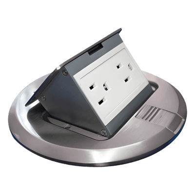 Mini Caja de Piso Redonda / Acero Inoxidable / 2 Contactos / 15 A ANCE / 150x150x70 mm / 0.92 lb / 5.9x5.9x2.8 pulg