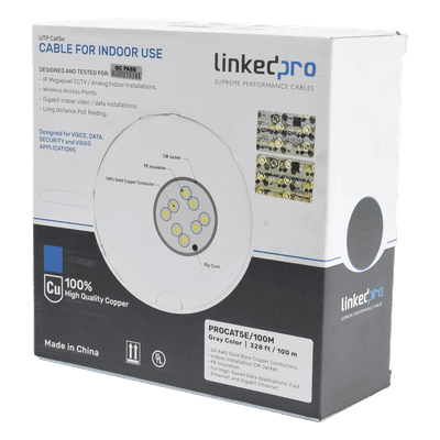 Cable Cat5e de Alto Rendimiento, con Certificaciones ETL, UL, Color Gris, de 100 Metros (328 Pies) para Aplicaciones en CCTV, Redes de Datos. Uso Interior.