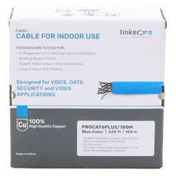 Cable Cat6+ / Calibre 23 / 100m (328.08 ft) / 250 MHz / Sin Blindaje / PVC CM / Cobre 100% / Azul