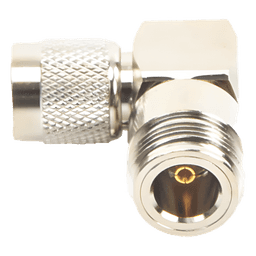 Adaptador Coaxial / Ángulo Recto / TNC Macho a N Hembra / Cuerpo Bronce Niquelado / Contacto Oro 24K / Aislante Teflón