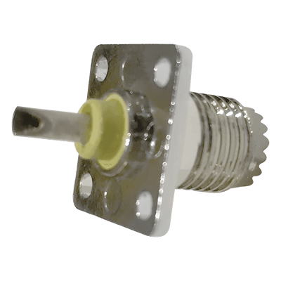 Conector Mini-UHF Hembra, de Montaje en 4 Perforaciones a 13 mm, Níquel/ Oro/ Baquelita.