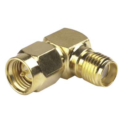 Adaptador en Ángulo Recto, de Conector SMA Macho a SMA Hembra, Oro/ Oro/ Teflón.