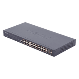 Switch administrable PoE+ / 24 puertos 10/100TX / 2 puertos combo Gigabit TP/SFP / 220W / 6,54 Mpps / 0-50°C / 1,44 x 0,98 x 0,15 pies