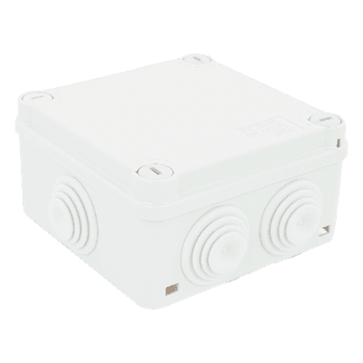 Caja Estanca de PVC Para Derivación y Conexión, 6 Entradas, Tapa con Tornillo de 1/4" de Vuelta, 100x100x50 mm (Área Interna), Uso Exterior IP55, Material que no Propaga el Fuego y Libre de Hálogenos