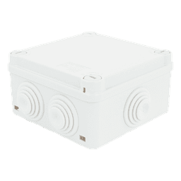 Caja Estanca de PVC Para Derivación y Conexión, 6 Entradas, Tapa con Tornillo de 1/4" de Vuelta, 100x100x50 mm (Área Interna), Uso Exterior IP55, Material que no Propaga el Fuego y Libre de Hálogenos