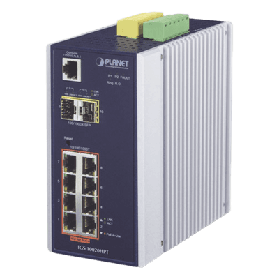 Switch Industrial Administrable Capa 2, 8 puertos PoE Gigabit 802.3af/at, 2 Puertos SFP de 1 / 2.5 Gigabit, Entrada de Voltaje Secundaria para Fuente Redundante