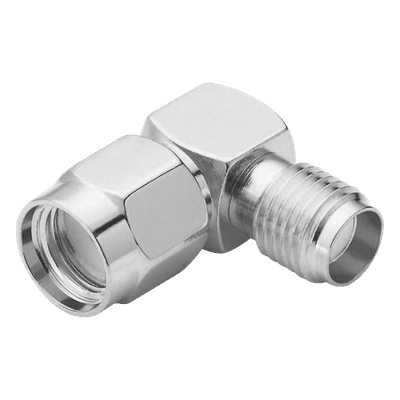 Adaptador en Ángulo Recto de Conector SMA Macho Inverso a SMA Hembra, Níquel/ Oro/ Teflón.
