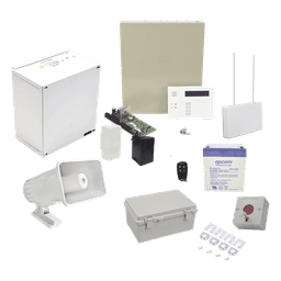 Kit de alarma vecinal con panel de 48 zonas, hasta 40 botones de pánico inalámbricos y sirena exterior
