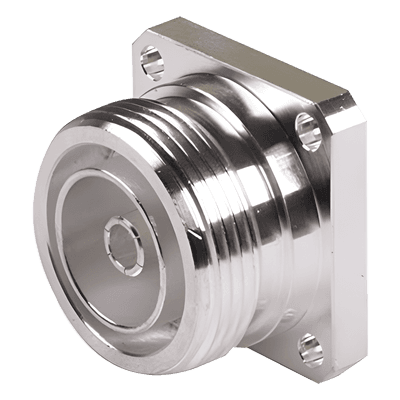 Conector DIN 7-16 Hembra, Tipo Flange de 4 Hoyos para Panel y Copa Soldable.