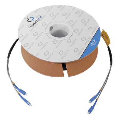 Carrete de Fibra Óptica Monomodo con conectores SC-SC Duplex, Reforzada con Kevlar, de 50 metros