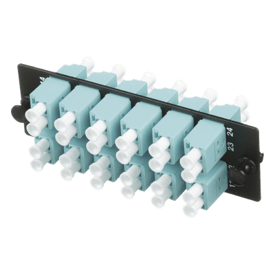 Placa Acopladora de Fibra Óptica FAP, con 12 Conectores LC Duplex (24 Fibras), para Fibra Multimodo OM3/OM4, Color Aqua
