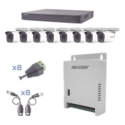 KIT TurboHD 1080p / DVR 8 Canales / 8 Cámaras Bala (exterior 2.8 mm) / Transceptores / Conectores / Fuente de Poder Profesional hasta 15 Vcc para Larga Distancias