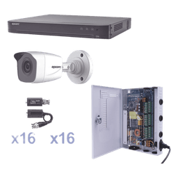 KIT TurboHD 1080p / DVR 16 Canales / 16 Cámaras Bala (exterior 2.8 mm) / Transceptores / Conectores / Fuente de Poder Profesional