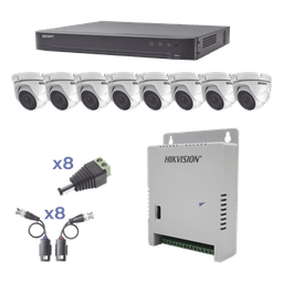 KIT TurboHD 1080p / DVR 8 Canales / 8 Cámaras Eyeball (exterior 2.8 mm) / Transceptores / Conectores / Fuente de Poder Profesional hasta 15 Vcc para Larga Distancia