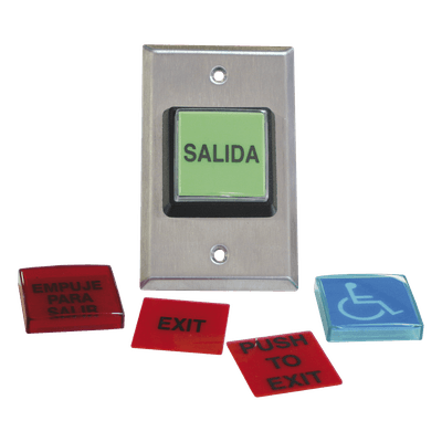 Botón de Salida / Placas Intercambiables Español/Inglés / LED 12 VCC / NO/NC / Acero Inoxidable / ADA