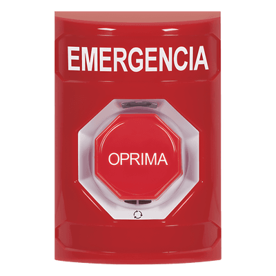 Botón de Emergencia, Texto en Español, Color Rojo, Acción Mantenida, Girar para Restablecer y LED Multicolor