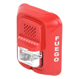 Sirena con estroboscopio / 2 hilos / 12-24 Vcd / candela 15 a 185 seleccionable / rojo con leyenda FUEGO / Serie L