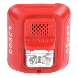 Sirena con estroboscopio / 2 hilos / 12-24 Vcd / candela 15 a 185 seleccionable / rojo con leyenda FUEGO / Serie L