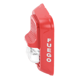 Sirena con estroboscopio / 2 hilos / 12-24 Vcd / candela 15 a 185 seleccionable / rojo con leyenda FUEGO / Serie L