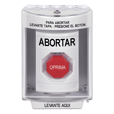 Botón de Abortar, Bocina de Advertencia Integrada, Texto en Español, Tapa Protectora de Policarbonato Súper Resistente con Espaciador, Restablecimiento con Llave