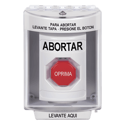 Botón de Abortar, Bocina de Advertencia Integrada, Texto en Español, Tapa Protectora de Policarbonato Súper Resistente con Espaciador, Restablecimiento con Llave